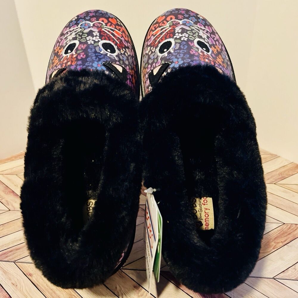 BOBS Skechers Too Cozy Meow Cat Women’s 6 Floral Slippers Fur Embroidered Vegan - Picture 4 of 10